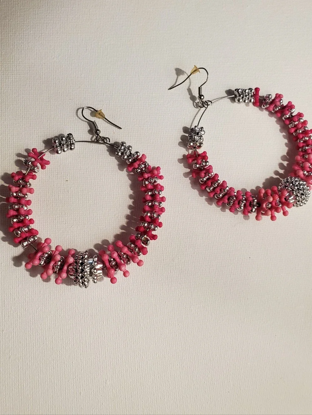 Pink Beaded Hoop Earrings with Silver Accents -‎ Women Jewelry